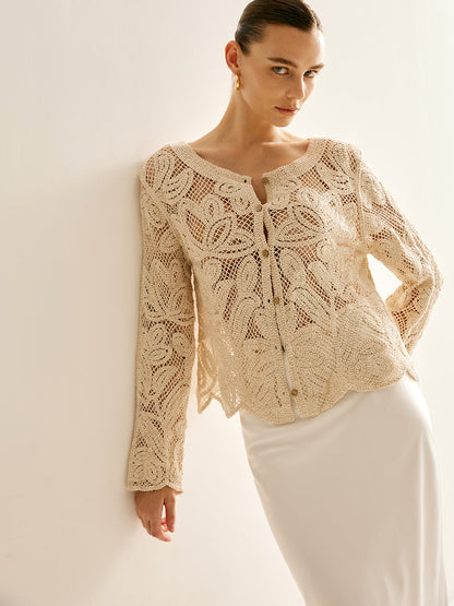 Quintessa Hollow Plisowany Kardigan Zapinany na Guziki