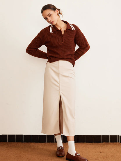 Sweter polo z dzianiny kablowej zapinany na guziki