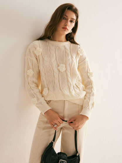 Sweter z dzianiny kablowej z 3D kwiatowym wzorem