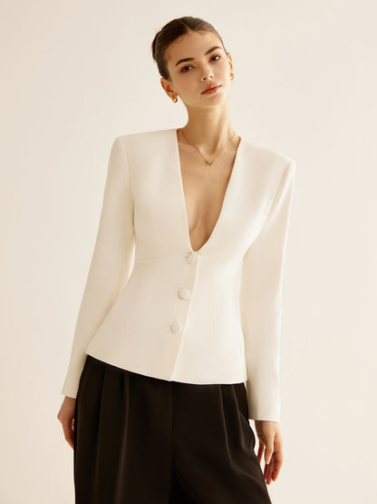 Deep V-Neck Button Slim Ceket