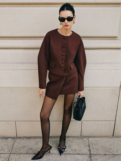 Retro Kabarık Kollu Kısa Ceket Mini Etek Takım