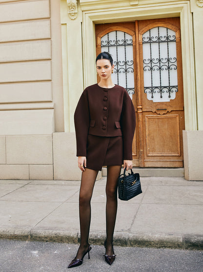 Retro Kabarık Kollu Kısa Ceket Mini Etek Takım