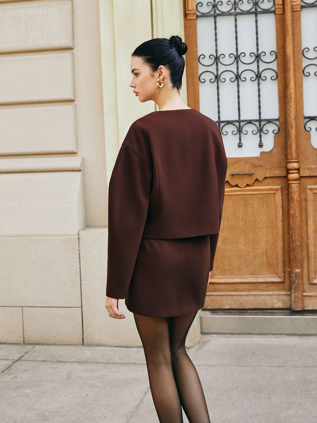 Retro Kabarık Kollu Kısa Ceket Mini Etek Takım