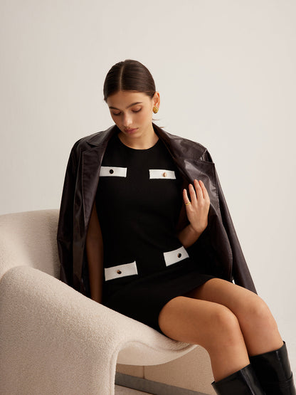 Kontrast Bağlamalı Kolsuz Örme Mini Elbise