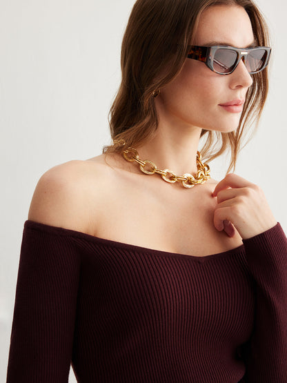 Soğuk Omuzlu İnce Örgü Üst Kazak