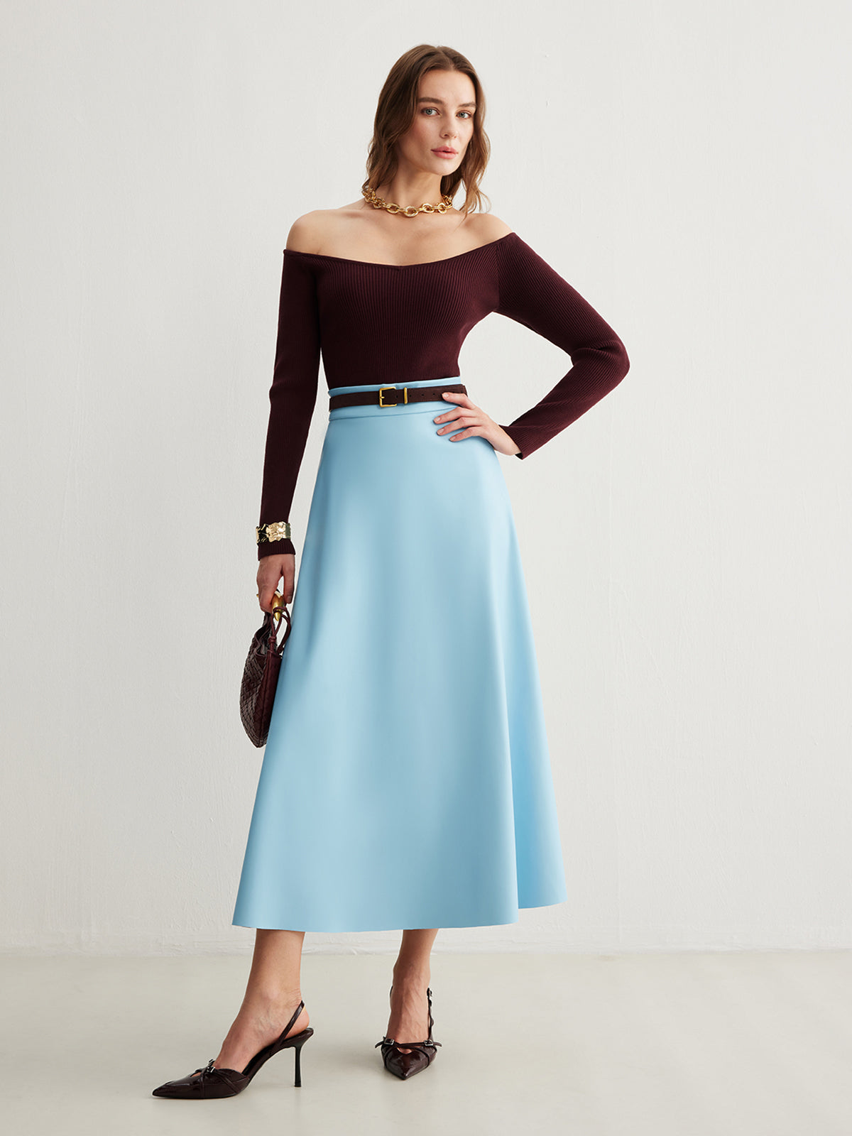 Soğuk Omuzlu İnce Örgü Üst Kazak