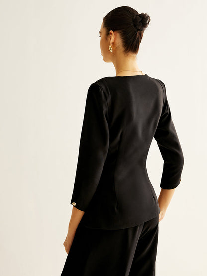 Elowen Kare Yaka Düğmeli Yırtmaçlı Bluz