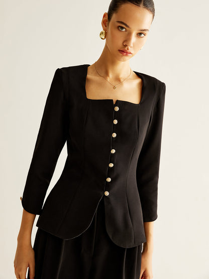 Elowen Kare Yaka Düğmeli Yırtmaçlı Bluz