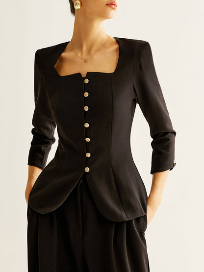 Elowen Kare Yaka Düğmeli Yırtmaçlı Bluz