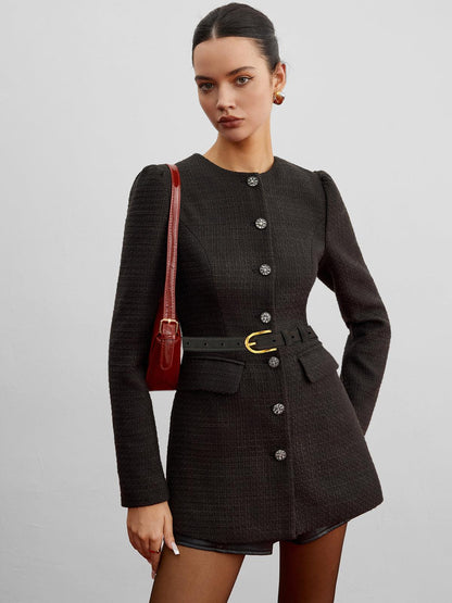 Królewska czarna tweedowa marynarka z paskiem