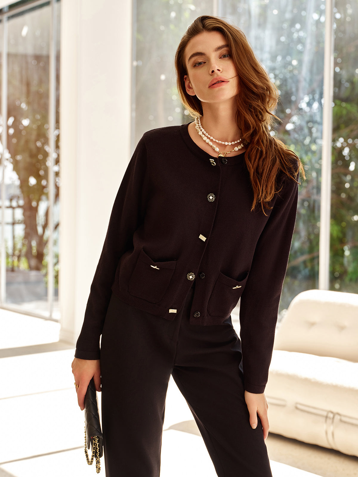 Annelise Yün Karışımlı Geometrik Düğmeli Hırka