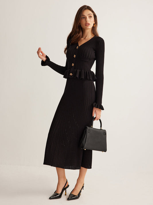 Sukienka maxi z falbanką i wąską dzianiną