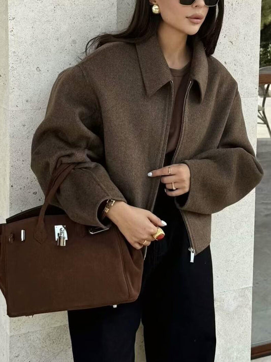 Düz Fermuarlı Tweed Kaban