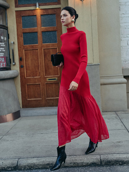 Balıkçı Yaka Pliseli Örgü Maxi Elbise