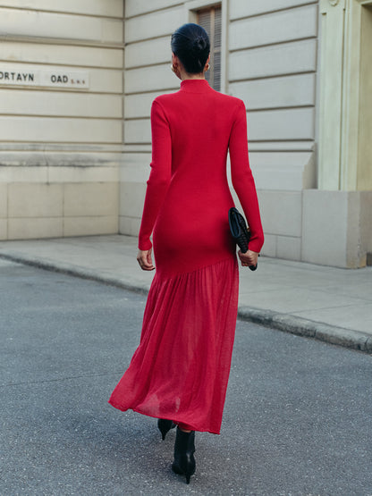 Balıkçı Yaka Pliseli Örgü Maxi Elbise