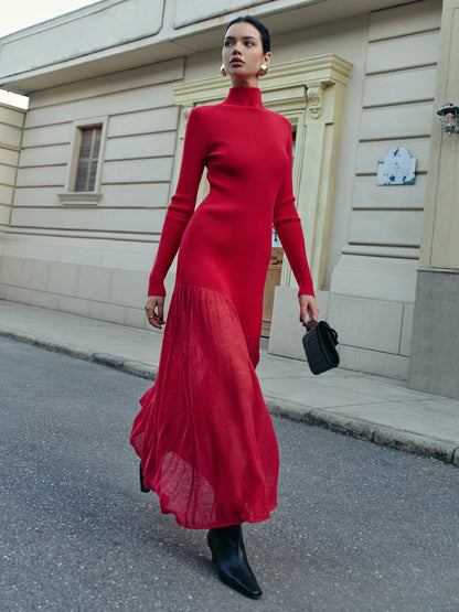 Balıkçı Yaka Pliseli Örgü Maxi Elbise