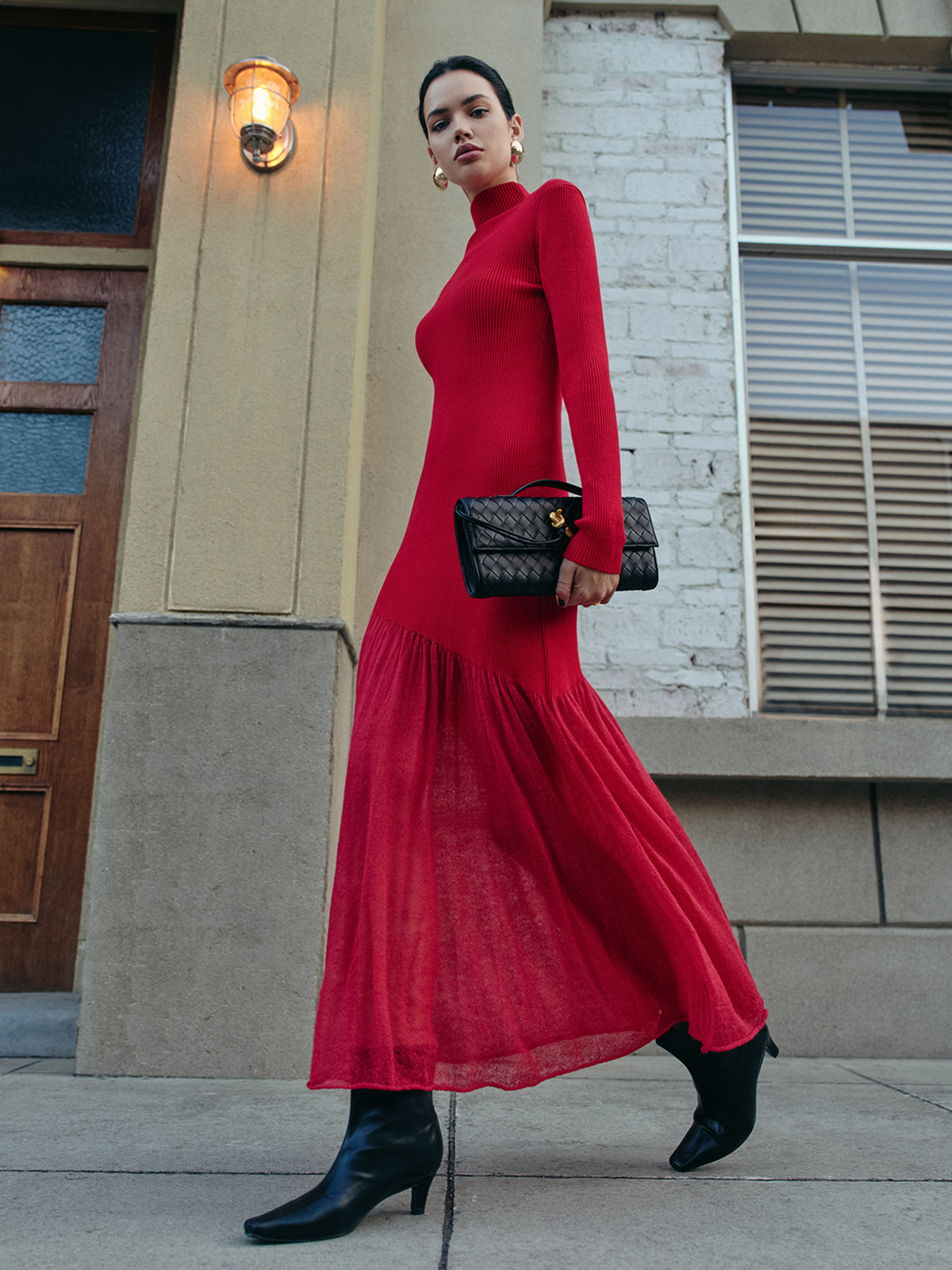 Balıkçı Yaka Pliseli Örgü Maxi Elbise