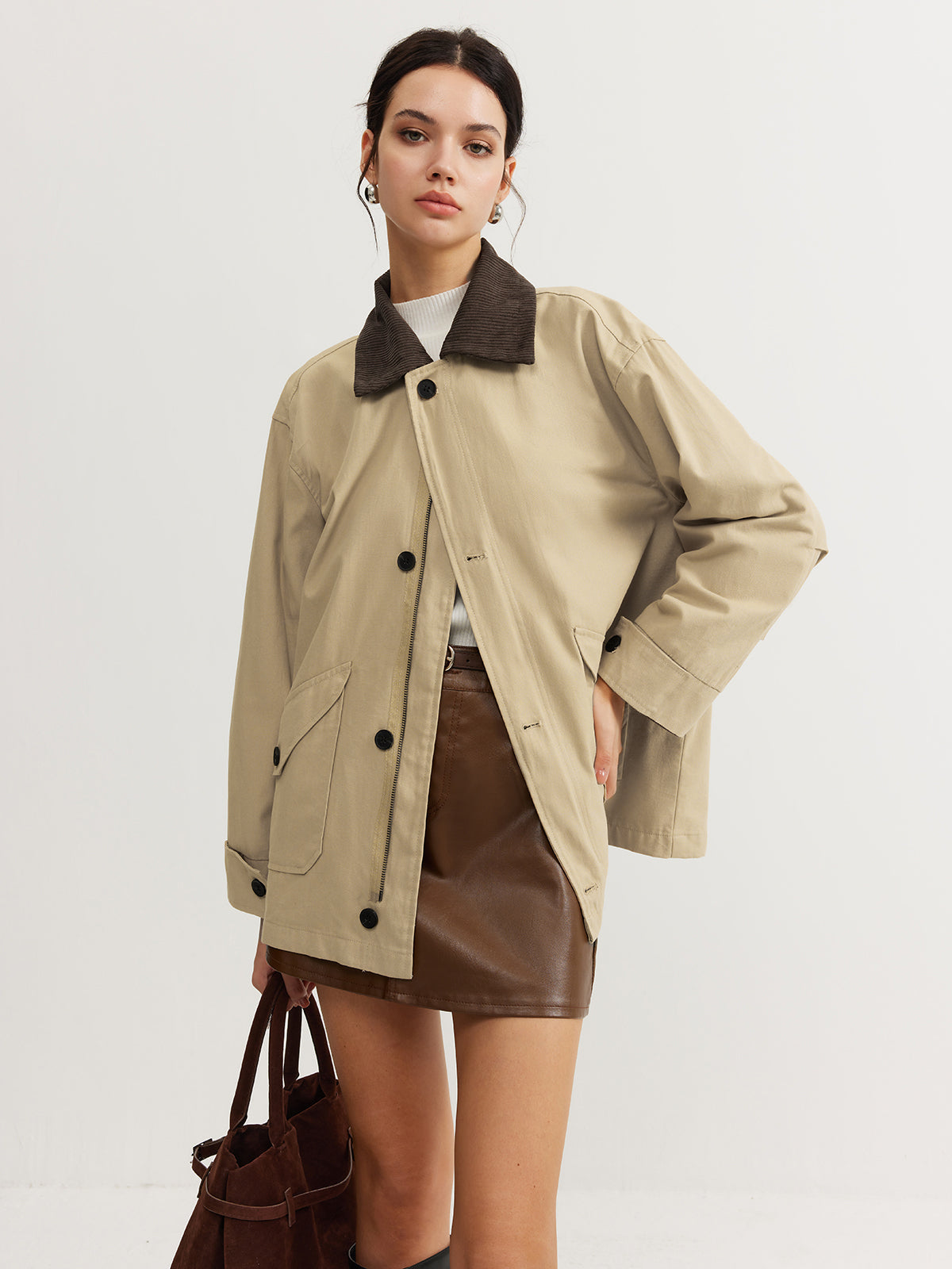 Kontrast Yaka Fermuarlı Kargo Trençkot Mont