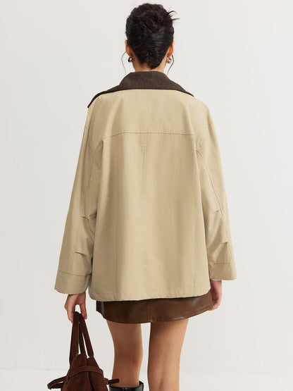 Kontrast Yaka Fermuarlı Kargo Trençkot Mont