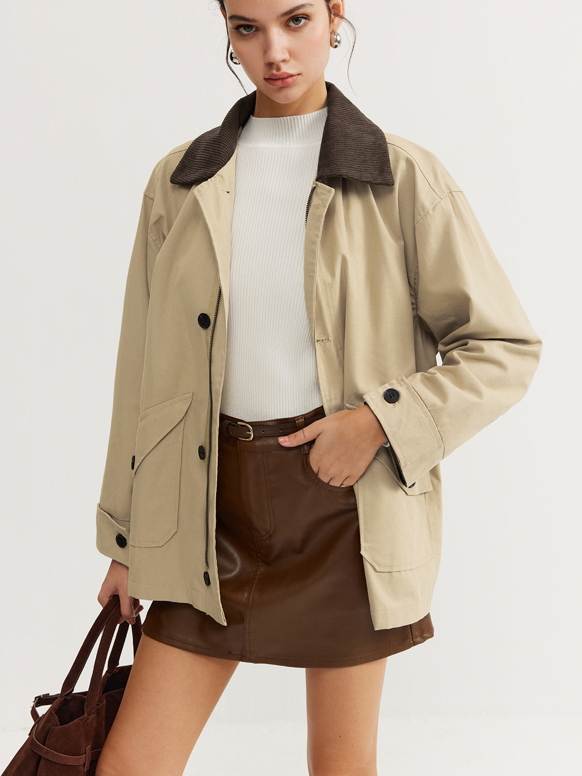 Kontrast Yaka Fermuarlı Kargo Trençkot Mont