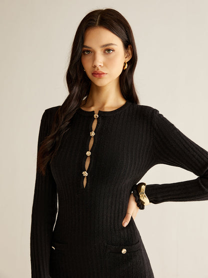 Kesik Marul Kenarlı Örme Mini Elbise