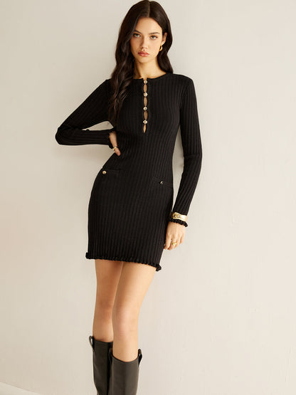 Kesik Marul Kenarlı Örme Mini Elbise