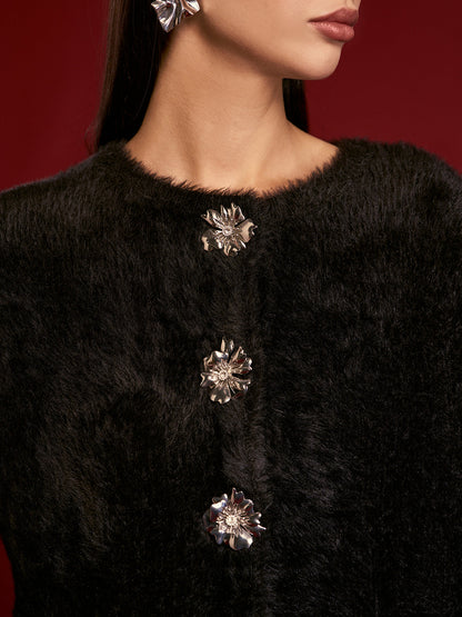 Annelise Çiçekli Düğmeli Tüylü Hırka