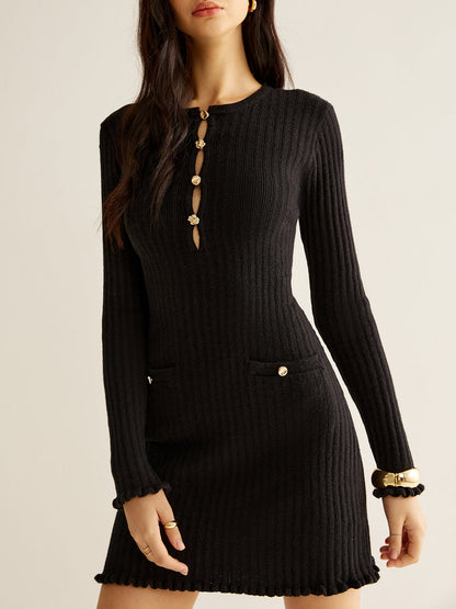 Kesik Marul Kenarlı Örme Mini Elbise