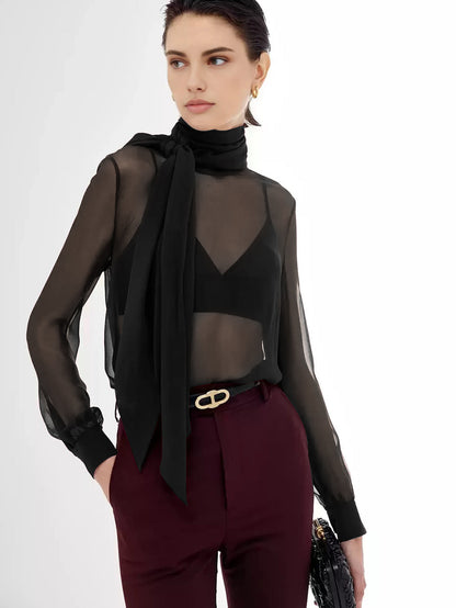 Przezroczysta bluzka z szyfonu z kokardą