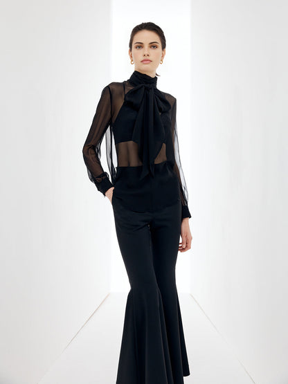 Przezroczysta bluzka z szyfonu z kokardą