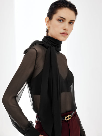 Przezroczysta bluzka z szyfonu z kokardą