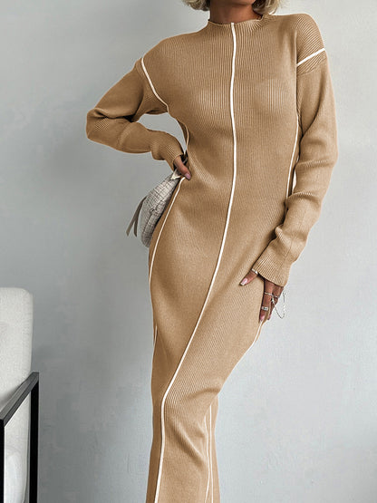 Sukienka midi z dzianiny ściągaczowej w kontrastowym kolorze