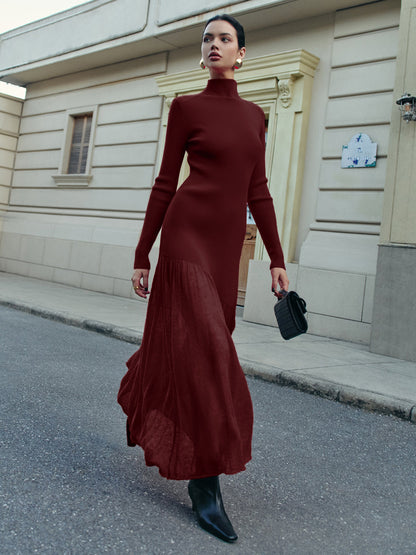 Balıkçı Yaka Pliseli Örgü Maxi Elbise