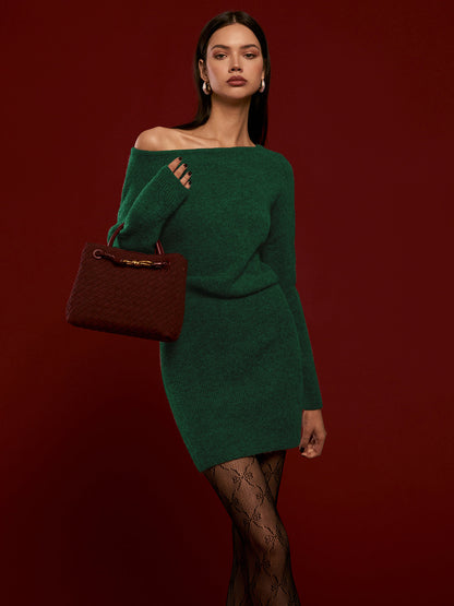 Yün Karışımlı Asimetrik Örme Mini Elbise