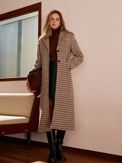 Şık Kare Desenli Düğmeli Uzun Palto