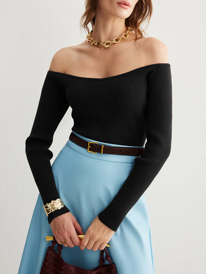 Soğuk Omuzlu İnce Örgü Üst Kazak