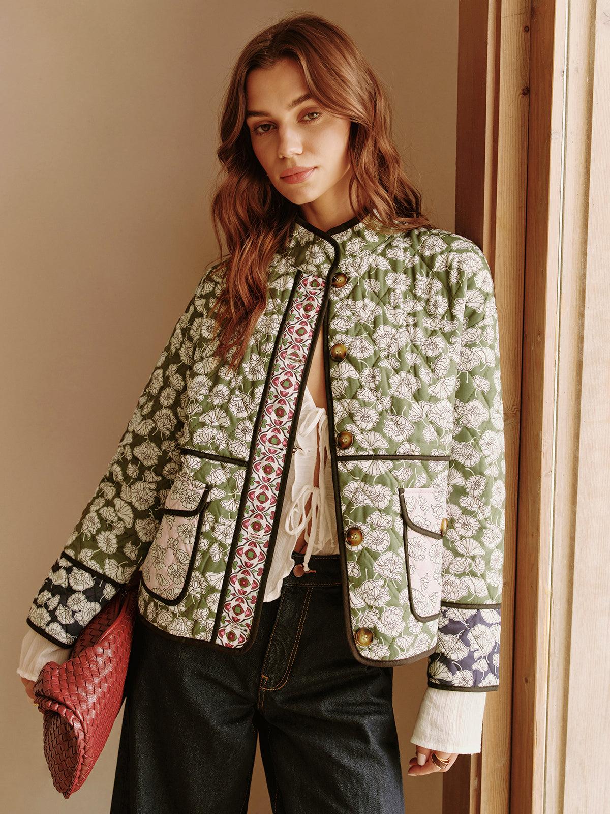 Çiçek Desenli Yeşil Kumaş Jacket