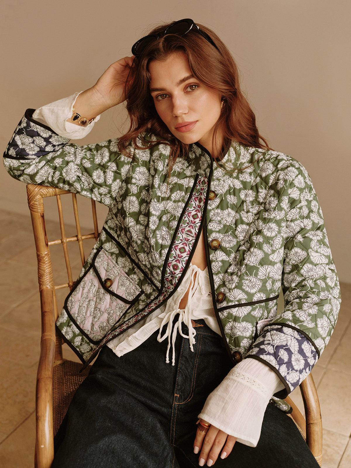 Çiçek Desenli Yeşil Kumaş Jacket