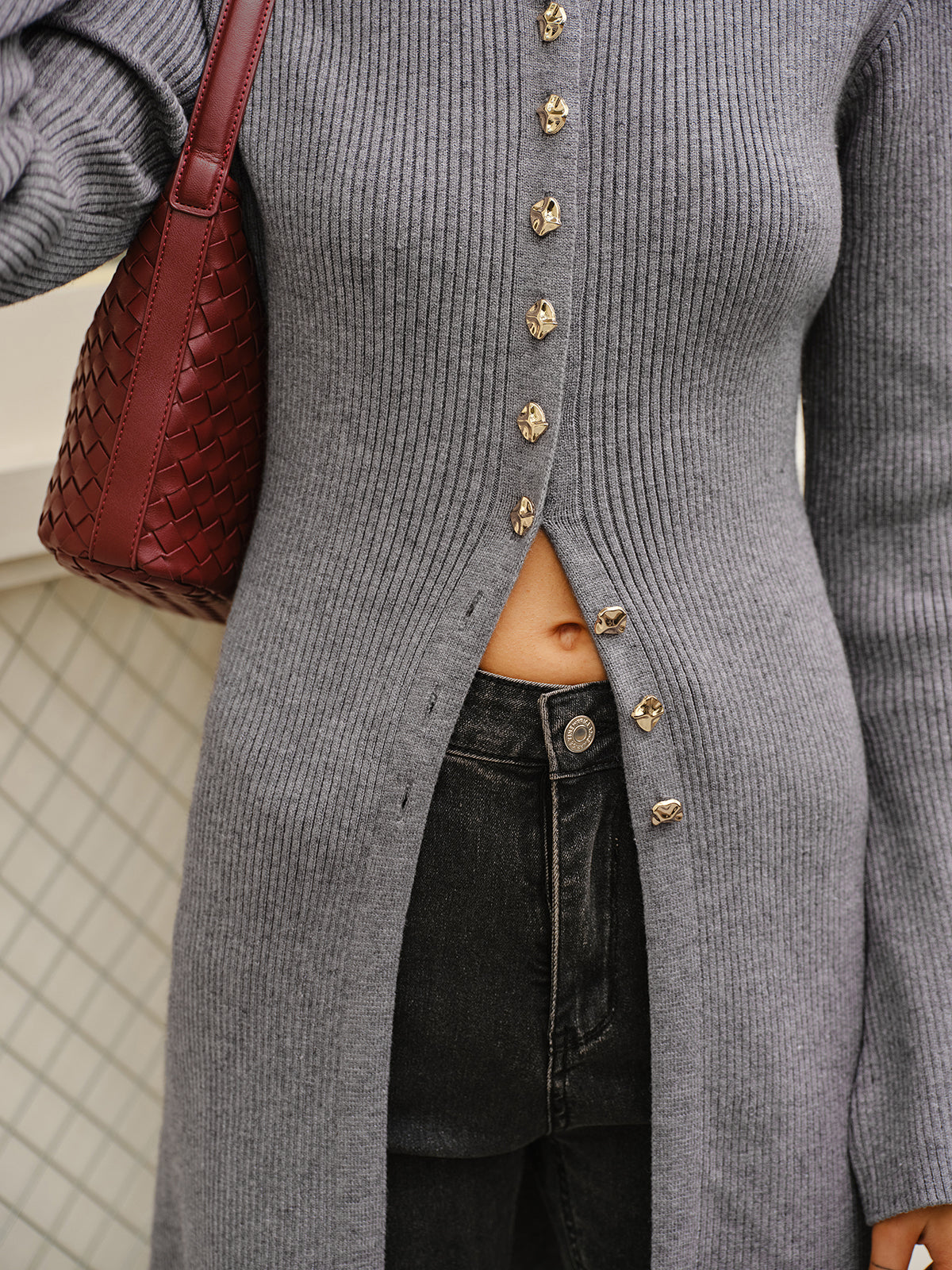 Çok Yönlü Metal Göğüslü Örgü Uzun Ceket