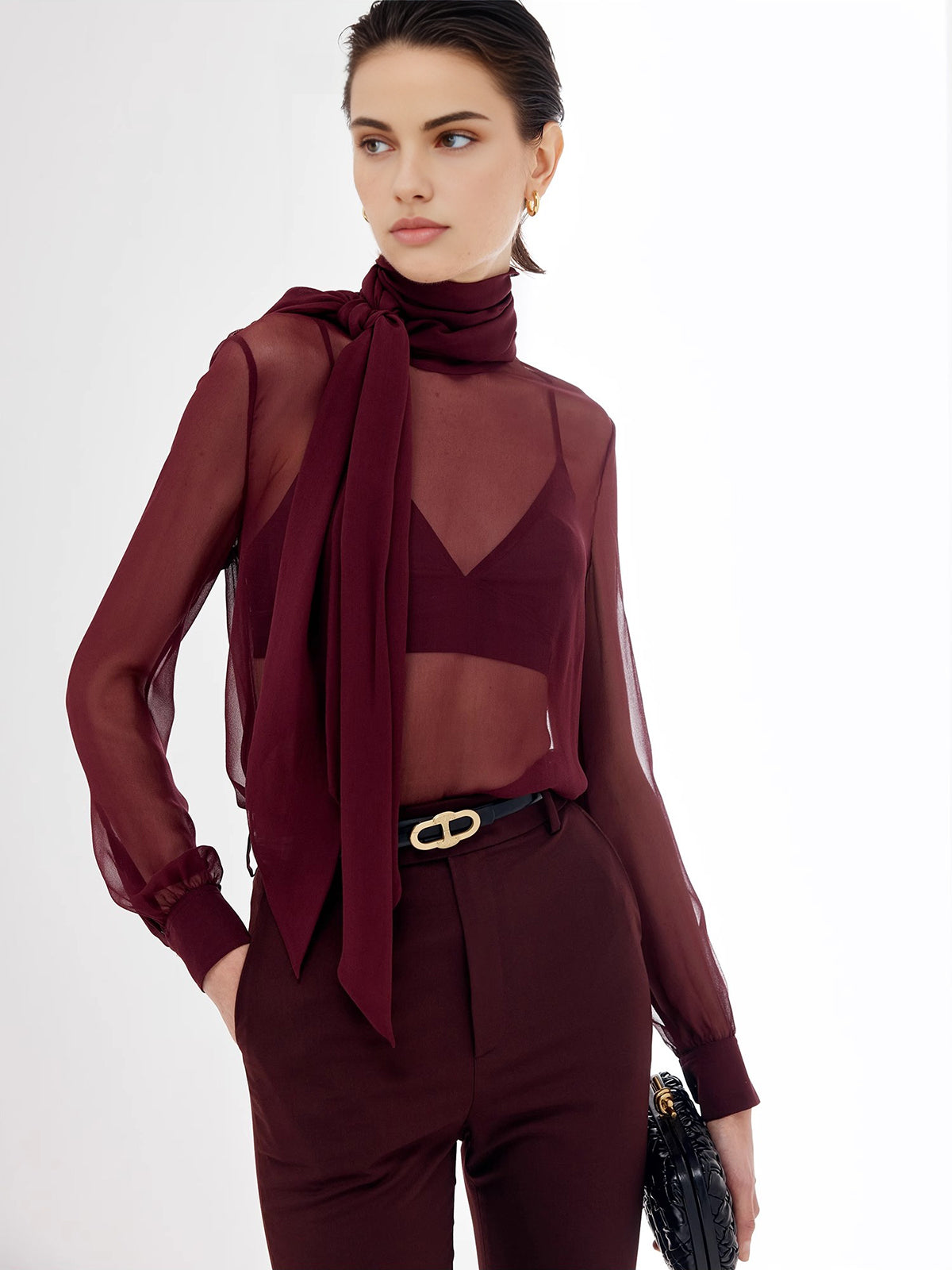 Przezroczysta bluzka z szyfonu z kokardą