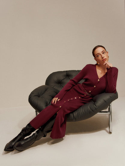 V Yaka Göğüslü Kemerli Örgü Maxi Elbise