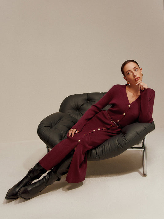 V Yaka Göğüslü Kemerli Örgü Maxi Elbise