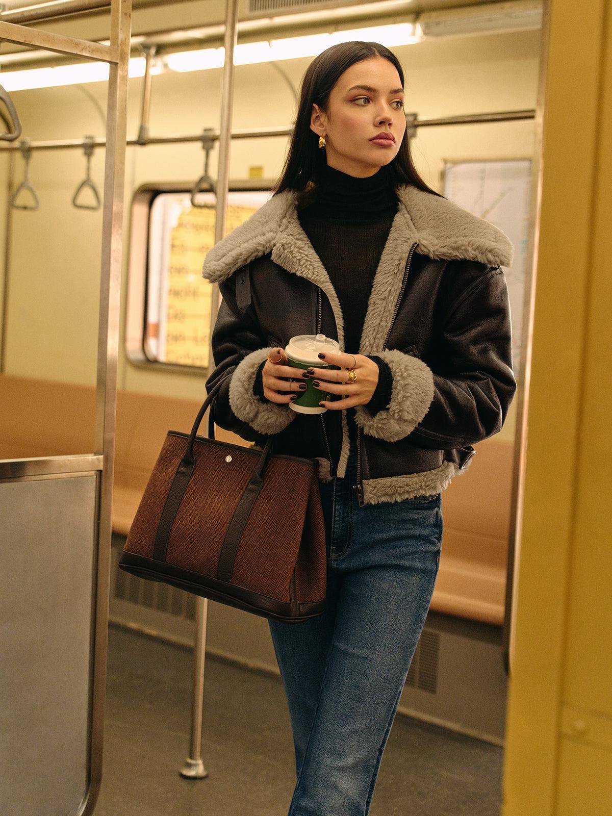 Teddy Suni Deri Fermuarlı Kaban