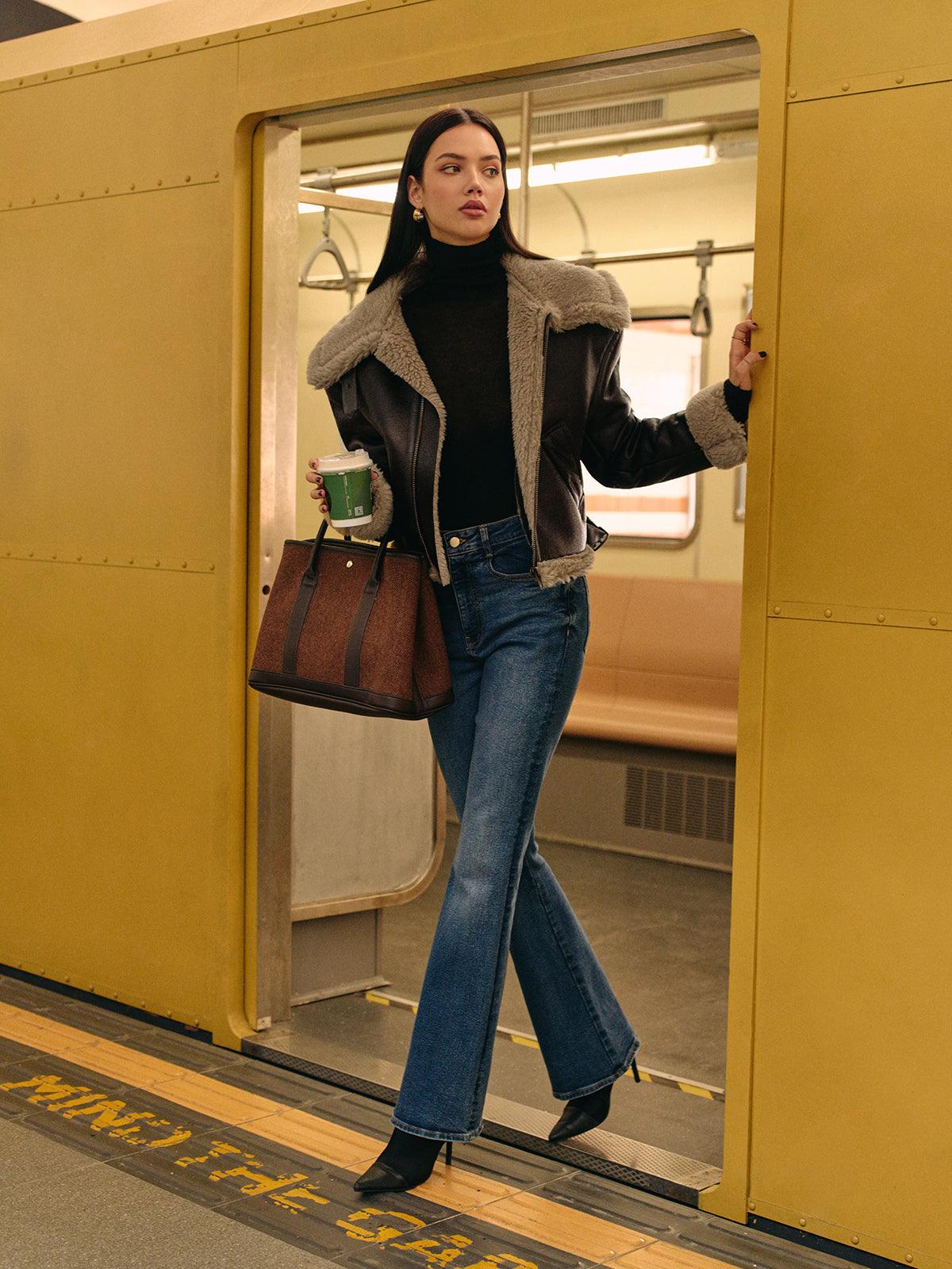 Teddy Suni Deri Fermuarlı Kaban