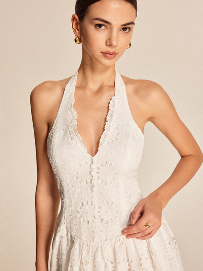 Pamuk İşlemeli Halter Mini Elbise
