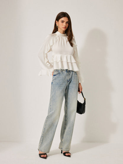 Bluzka Fiona z wysokim kołnierzem i falbanką, zapinana na guziki