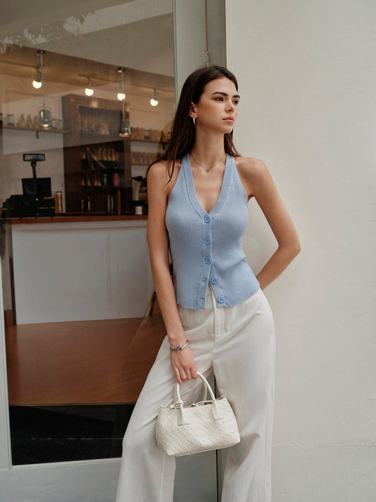 V Yakalı Yırtıklı Örgü Üst