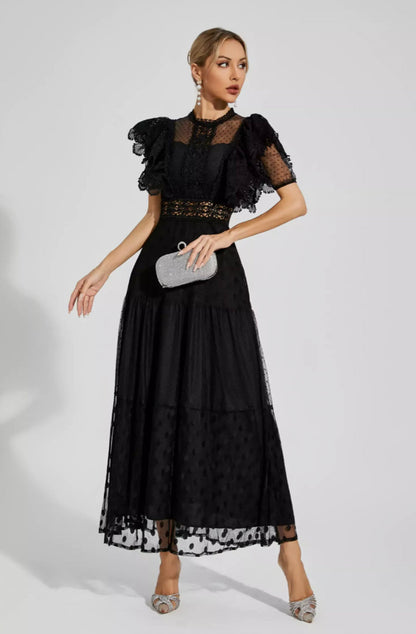 Noor Puantiyeli Siyah Maksi Elbise