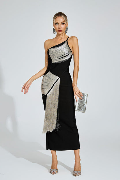 Noir Gümüş Saçaklı Tek Omuzlu Maxi Elbise