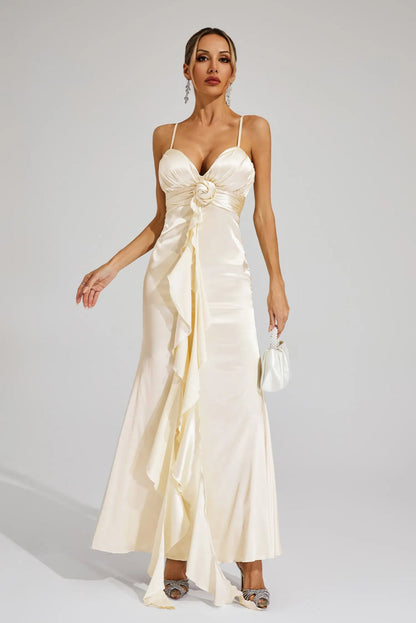 Rose Saten Drapeli Maxi Elbise